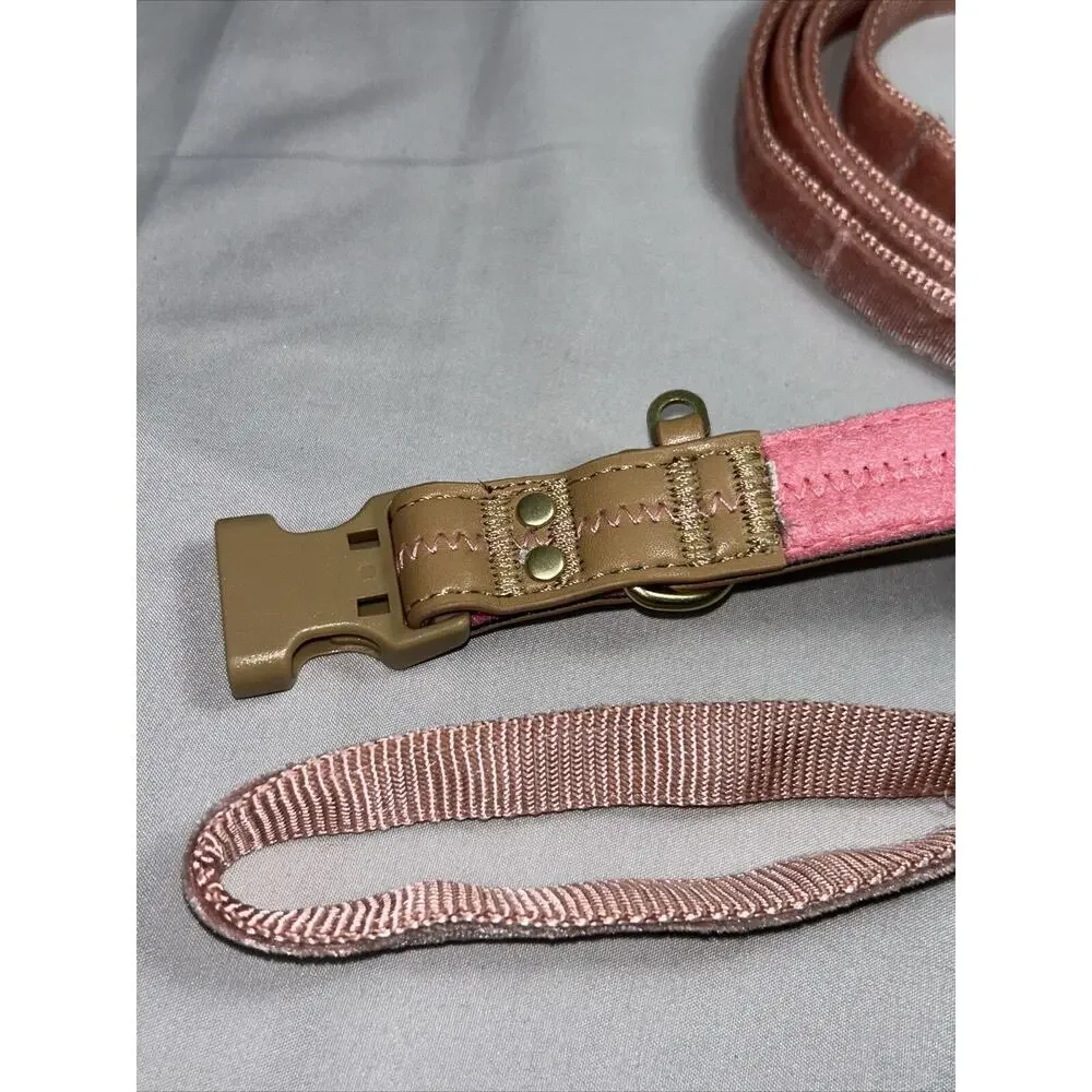 Medium 14-18” Brown/Pink Dog Collar 3/4” and 6’ Velvet Leash 1/2” Wide